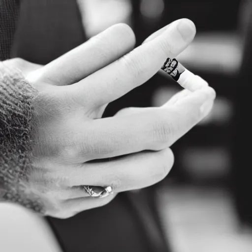 Image similar to normal man's hand with five fingers and a ring and a cigarette between the fingers