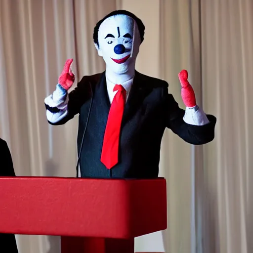 Image similar to string puppet of a president with clown makeup in a podium and a human shadow behind