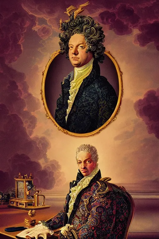 Image similar to vaporwave Dan Mumford style (portrait of Louis xv) in the style of rococo Rob Lefield and Dan Mumford Dan Mumford Dan Mumford, Dan Mumford, Greg rutkowski, trending on artstation, digital art, surrealism, macro