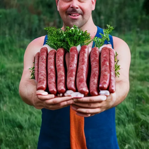 Image similar to a portrait of bogan holding a bouquet of sausages, canon eos r 3, f / 1. 4, iso 2 0 0, 1 / 1 6 0 s, 8 k, raw, unedited, symmetrical balance, in - frame