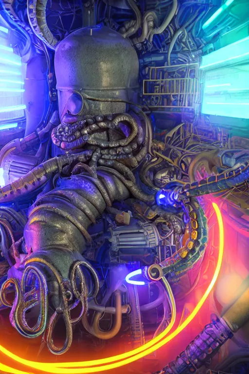 Prompt: portrait of humongous cyberpunk octopus, symmetric, body full glowing vacuum tubes, realistic digital art, 3 d render of futuristic steampunk generators inside a huge steampunk engine, 8 k, fluorescent colors, halluzinogenic, multicolored, exaggerated detailed, unreal engine