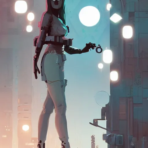 Image similar to cyberpunk witch by atey ghailan, by greg rutkowski, by greg tocchini, by james gilleard, by joe fenton, by kaethe butcher, dynamic lighting, gradient light blue, brown, blonde cream and white color scheme, grunge aesthetic