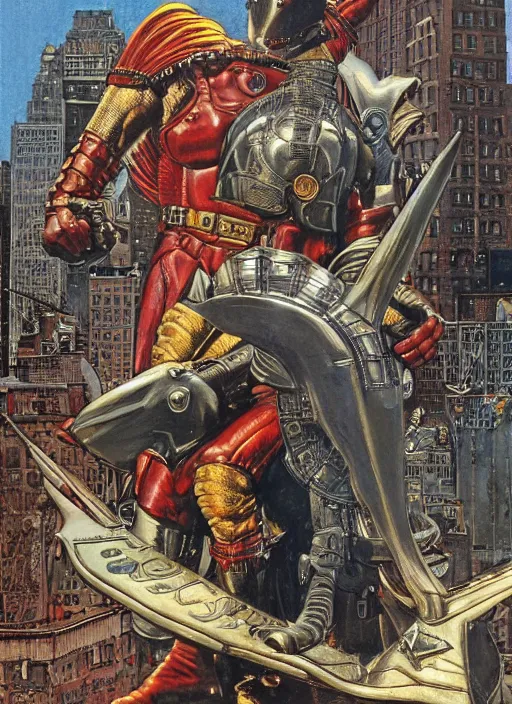 Image similar to a griffin in metal and leather armour lands in a new york plaza, by norman rockwell and jason fabok and tom lovell and frank schoonover and jack kirby and alex ross