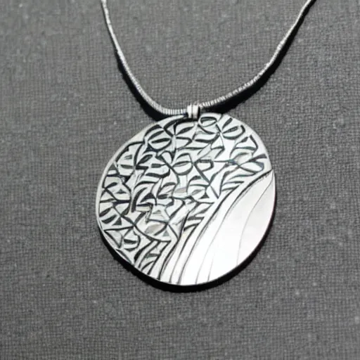 Prompt: amulet of wave inlaid in silver on a young beautiful woman neck, hyper realistic,