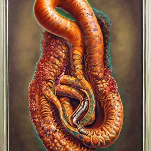 Image similar to mood, apocalyptic airbrush by martin grelle. a painting of the human intestine in all its glory. each section of the intestine is labelled, & various items & creatures can be seen inside, such as bacteria, food particles, & even a little mouse.