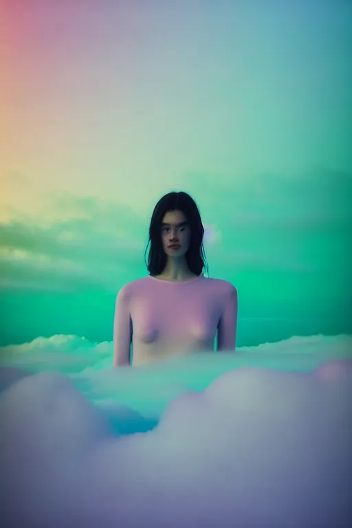 Image similar to high quality pastel coloured film close up wide angle photograph of a model wearing clothing swimming on cloud furniture in a icelandic black rock!! environment in a partially haze filled dreamstate world. three point light, rainbow. photographic production. art directed. pastel colours. volumetric clouds. pastel gradient overlay. waves glitch artefacts. extreme facial clarity. 8 k. filmic.