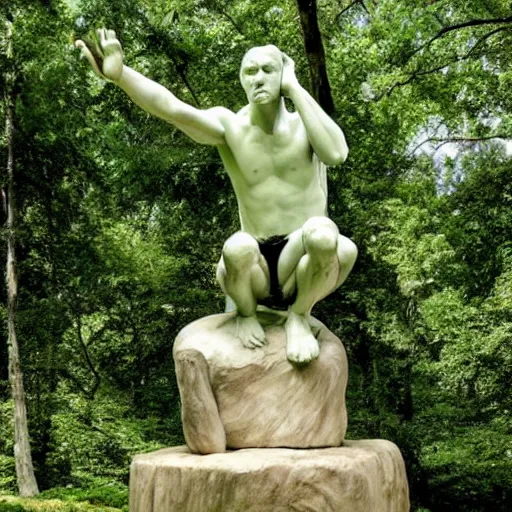 Image similar to The thinker sculpture by auguste rodin, mushrooms at the base , placed in a lush forest, style of William Bartram