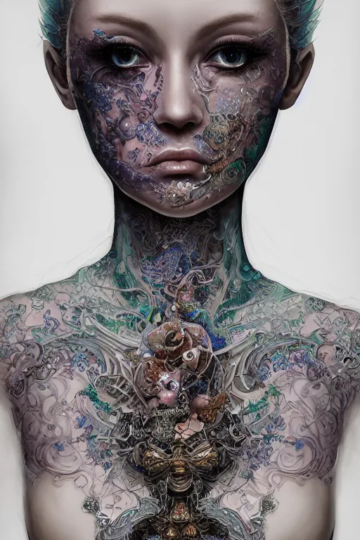 Prompt: A fractal Mesmerizing 8k hyperrealistic Photo Portrait of a pale skinned human with a tattoo by Joe Fenton that is transforming into iridescent geometry, cyberpunk, Surrounded by Mist, highly detailed, intricate, sci-fi, sharp focus, subsurface scattering, art by Ayami Kojima, artgerm, Greg Tocchini, Alphonse Mucha, Yoshitaka Amano