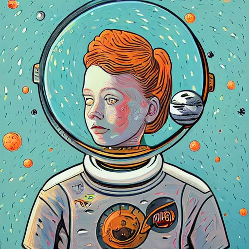 Image similar to oil painting of a girl lost in space, mcbess, james jean