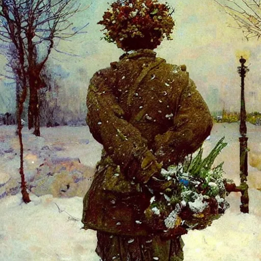 Image similar to a sculpture made of snow and ice and flower and plants, painting part by wojciech siudmak, part by ilya repin, part by max ernst, part by norman rockwell, artstation