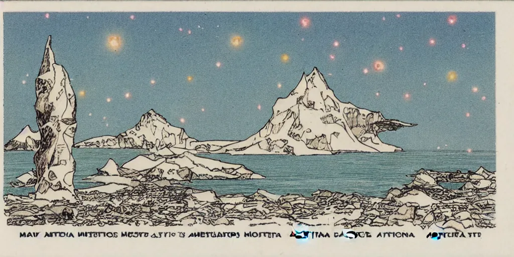 Image similar to postcard cartoon of meteors over Antartica