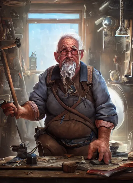 Image similar to An epic fantasy comic book style portrait painting of a an old tinker fat man working on a device in her workshop, unreal 5, DAZ, hyperrealistic, octane render, cosplay, RPG portrait, dynamic lighting