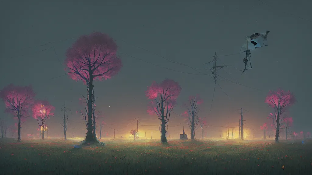 Image similar to gloomy russian village landscape by simon stalenhag, beeple, makoto shinkai, digital painting, fibonacci, trending on artstation, mandelbrot, beautiful, weird, cyberpunk, flowers, robot