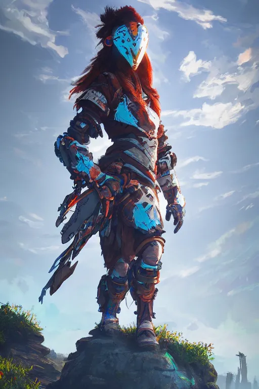 Image similar to combination suit armor aloy horizon forbidden west horizon zero dawn radiating a glowing aura global illumination ray tracing hdr fanart arstation by ian pesty and alena aenami artworks in 4 k tribal robot ninja mask helmet backpack