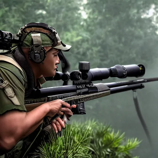 Prompt: tactical sniper in the jungle rain symmetrical focus foggy mist metal gear menacing assault looking through scope detailed rifle