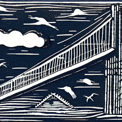 Image similar to small steel suspension bridge built in 1 9 2 8, side view, puffy clouds in background, seagulls floating in the sky, woodcut style, rubber stamp, 8 k