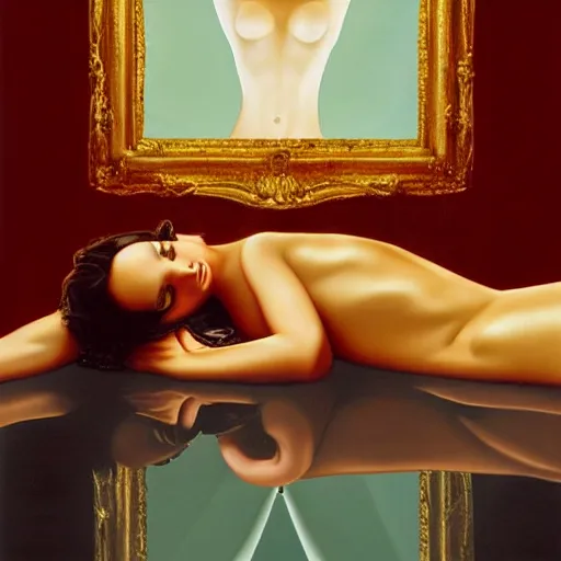 Image similar to Emily Ratajkowski full body laying in a blood red pool of water between a golden mirror frame, outside is space and inside the mirror frame is a beautiful landscape., physically accurate, dynamic lighting, intricate, elegant, highly detailed, very very Roberto Ferri, sharp focus, illustration, art