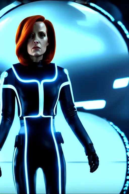 Image similar to dana scully in tron : legacy ( 2 0 1 0 ), cyberpunk aesthetic, glowing panel lines, octane render, nvidia, artstation trending, ultrasharp detail