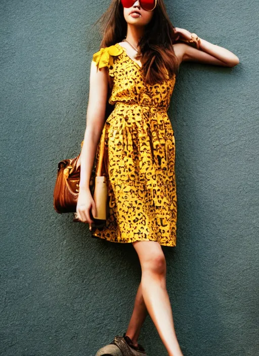 Image similar to portrait photo of a beautiful brown hair woman in a yellow sun dress in downtown Los Angeles, fashion editorial, fashion magazine, by Terry Richardson