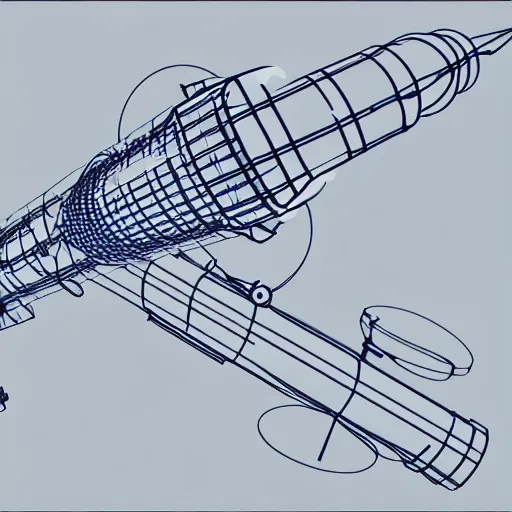 Prompt: xray wireframe of blueprint sketch of barrel fed rocket launcher, 8k resolution, high detail, ULTRA REALISTIC VFX, reflections, post processing