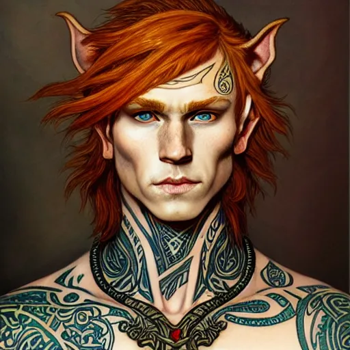 Image similar to portrait painting of an elven young man with short ginger hair and tribal tattoos on his cheeks wearing fur armor, sharp focus, award - winning, trending on artstation, masterpiece, highly detailed, intricate. art by rebecca guay