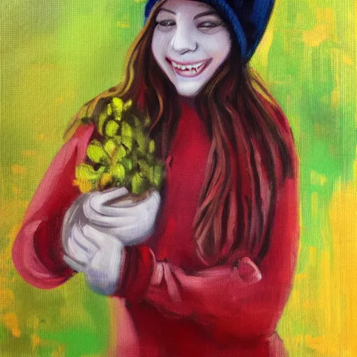 Image similar to painting of a emo girl with a eerily large smile, showing teeth, beanie, impressionist style