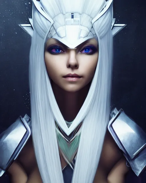 Image similar to perfect white haired attractive egyptian goddess, warframe armor, beautiful, symmetric, dreamy, half asian, pretty face, green eyes, charlize theron, detailed, scifi platform, laboratory, experiment, 4 k, ultra realistic, epic lighting, android body, illuminated, cinematic, masterpiece, art by akihito tsukushi, voidstar