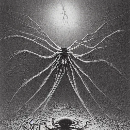 Image similar to huge spider-like creature by Zdzisław Beksiński, caretaker, cosmic horror, darkwave, concept by Alastair Reynolds