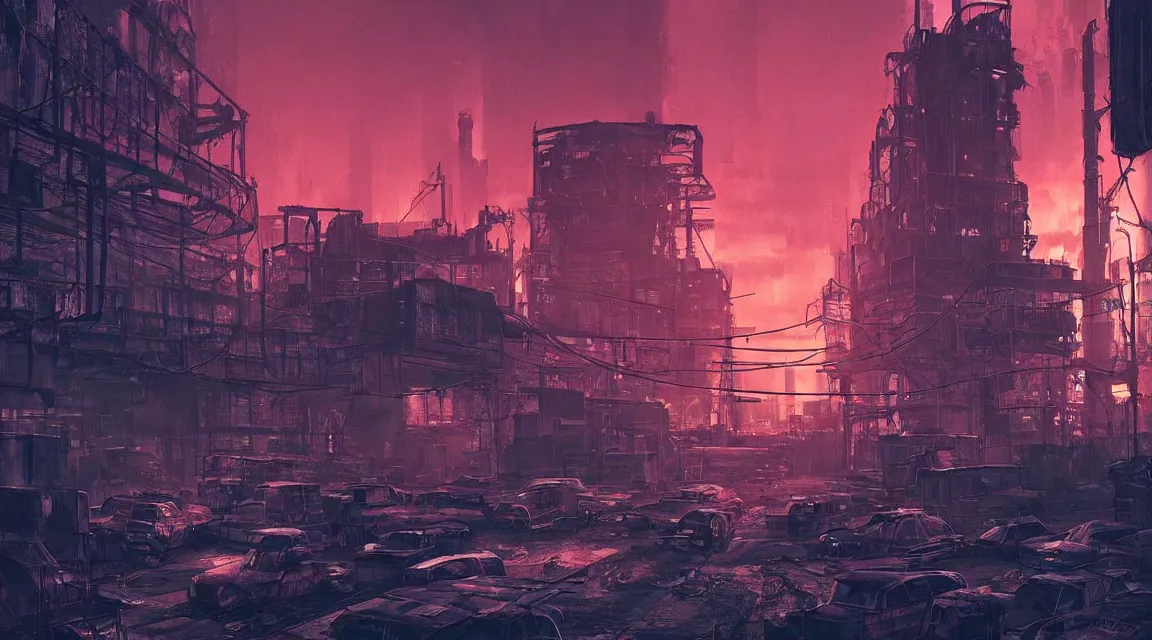 Image similar to The Last of Us city, Post apocalyptic factory at night time, dystopian style detailed digital art by Vladimir Manyukhin, trending on Artstation, outlined silhouettes, cloudy red sky, cyberpunk 2099 blade runner 2049 neon synthwave neon retro