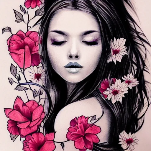 Image similar to tattoo design, stencil, traditional, beautiful portrait of a girl with flowers in her hair by artgerm, artgerm, digital art