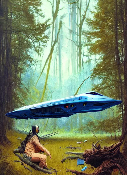 Image similar to hyper realistic spaceship in the woods by a river gorgeous lighting, lush forest foliage blue sky a hyper realistic painting by chiara bautista and beksinski and norman rockwell and greg rutkowski, weta studio, and lucasfilm