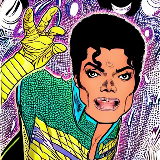 Image similar to dynamic macro head portrait of beautifu michael jackson super hero in white sequined jacket by john romita sr and cory walker and ryan ottley and jack kirby and barry windsor - smith, comic, illustration, photo real
