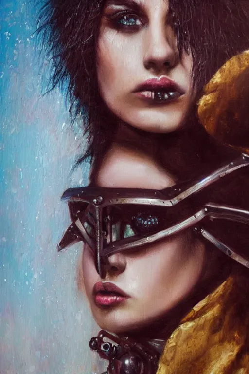 Image similar to hyperrealism oil painting, close - up portrait of punk gothic medieval brunette fashion model, knight, steel gradient mixed with nebula sky, in style of baroque