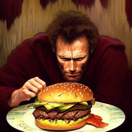 Prompt: painted portrait of ( ( ( clint eastwood ) ) ) eating giant hamburgers, mature, handsome, fantasy, intricate, elegant, highly detailed, digital painting, artstation, concept art, sharp focus, illustration, illumination, holy ethereal light, art by gaston bussiere and alphonse mucha