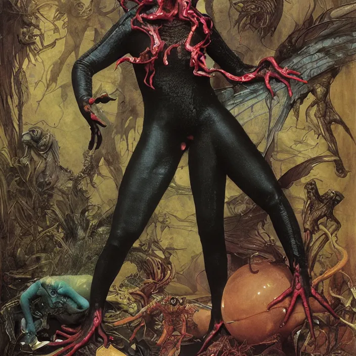 Prompt: a portrait photograph of sigourney weaver as a brightly colored harpy salamander hybrid with wet mutated skin. wearing a prosthetic organic catsuit like a dominatrix. by tom bagshaw, donato giancola, hans holbein, walton ford, gaston bussiere, brian froud, peter mohrbacher and magali villeneuve. 8 k, cgsociety