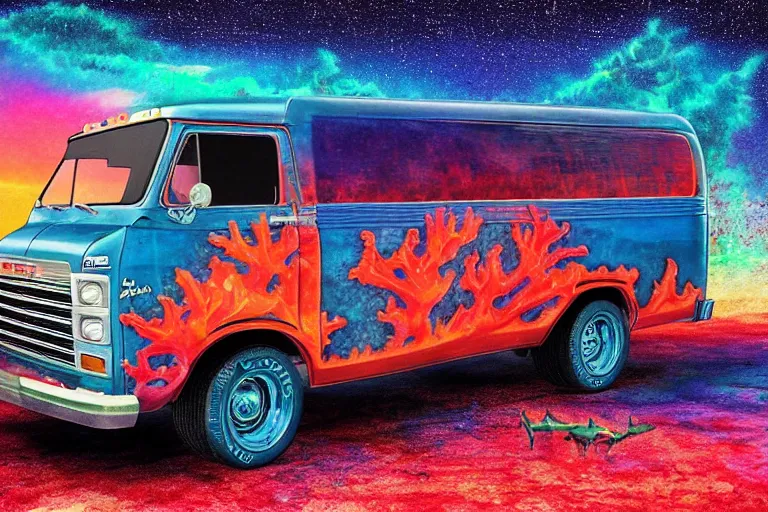 Image similar to a photo of a dark blue metallic 1 9 7 2 chevy g 1 0 panel van with an awesome airbrushed scene of a monster made of colorful coral reef emerging from the sea, 8 0 s synthwave, airbrushed, trapper keeper, lightning, explosions, creature