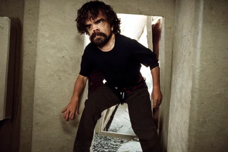 Image similar to peter dinklage climbing out of a toilet, movie still, from the new sleepaway camp movie, 8 k, realistic