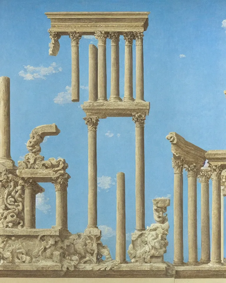 Image similar to achingly beautiful print of intricate ancient roman corinthian capital on a baby blue background by rene magritte, monet, and turner.