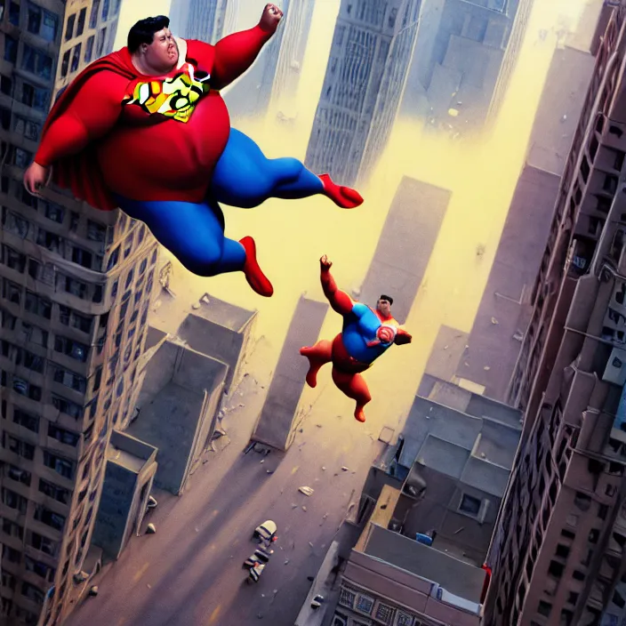 Image similar to hyperrealistic mixed media portrait of a a mordidly obese superman floating through the air over an empty city street at midnight, despair, depressing and hopeless vibe, stunning 3d render inspired art by P. Craig Russell and Barry Windsor-Smith + perfect facial symmetry + dim volumetric lighting, 8k octane beautifully detailed render, post-processing, extremely hyperdetailed, epic composition, grim yet sparkling atmosphere, cinematic lighting + masterpiece, trending on artstation