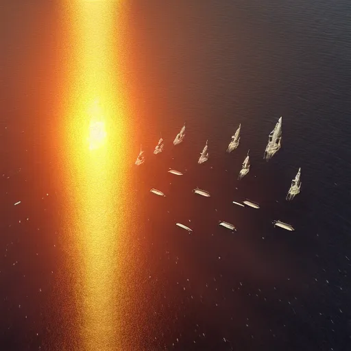 Prompt: aerial footage of modern warships surrounding a huge alien craft in the middle of the ocean illuminated by spotlights, photo realistic, intricate detail, volumetric lighting, trending on artstation