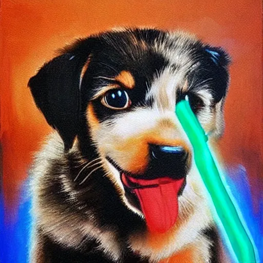 Prompt: a puppy with UV neon fur holding a gun.Painting by James Gurney