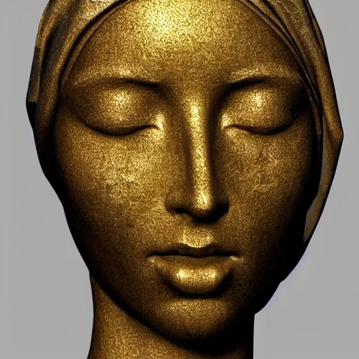 Image similar to a marble sculpture of the veiled virgin, subsurface scattering, !face, !female, covered in intricate !!detailed golden streaked veil , physically based rendering, photo realistic, top light , dark background