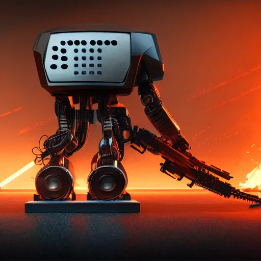 Image similar to terminator toaster oven robot, mechanical, machine, octane render, concept art, sharp focus, hyper - realistic, intricate, detailed, eduard pronin, luka mivsek, ruan jia, orange tint