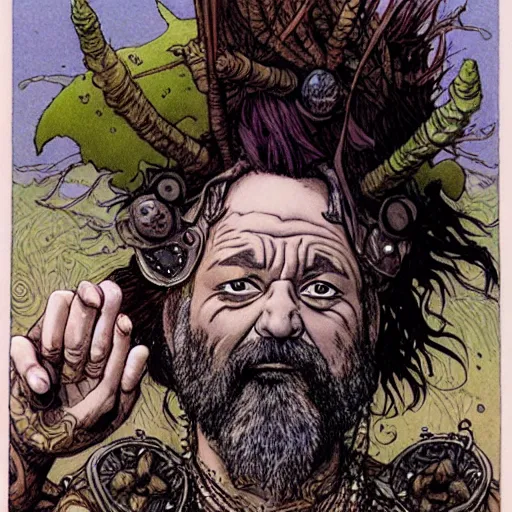 Image similar to a high fantasy closeup portrait of bill murray as a mystical druidic punk warrior giving the camera the middle finger by rebecca guay, michael kaluta, charles vess and jean moebius giraud