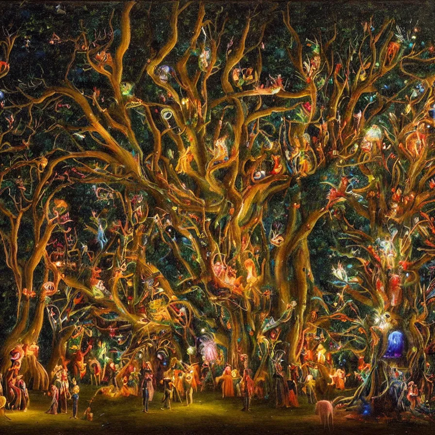 Image similar to a night carnival around a magical tree cavity, with a surreal orange moonlight and fireworks in the background, next to a lake with iridiscent water, christmas lights, folklore animals and people disguised as fantastic creatures in a magical forest by summer night, masterpiece painted by jean - baptiste perronneau, dark night environment