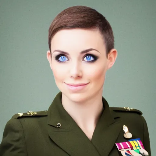 Image similar to brunette woman, short hair, flipped out hair ends, bright green eyes, military uniform, smirk