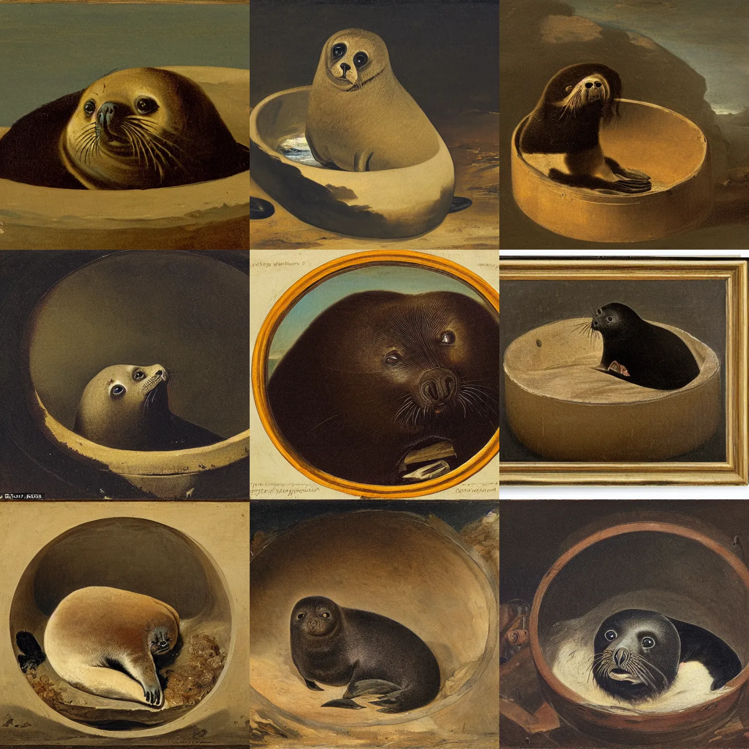 Prompt: a old south american fur seal australis in a oil barrel, by goya, zoom out,