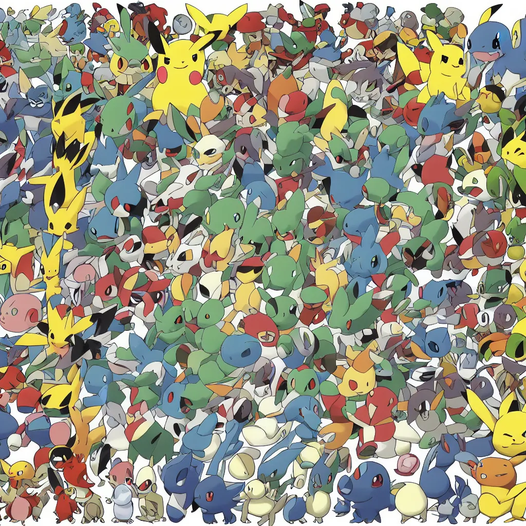 Prompt: official art of a diverse crowd of Pokemon, by Ken Sugimori, Bulbapedia