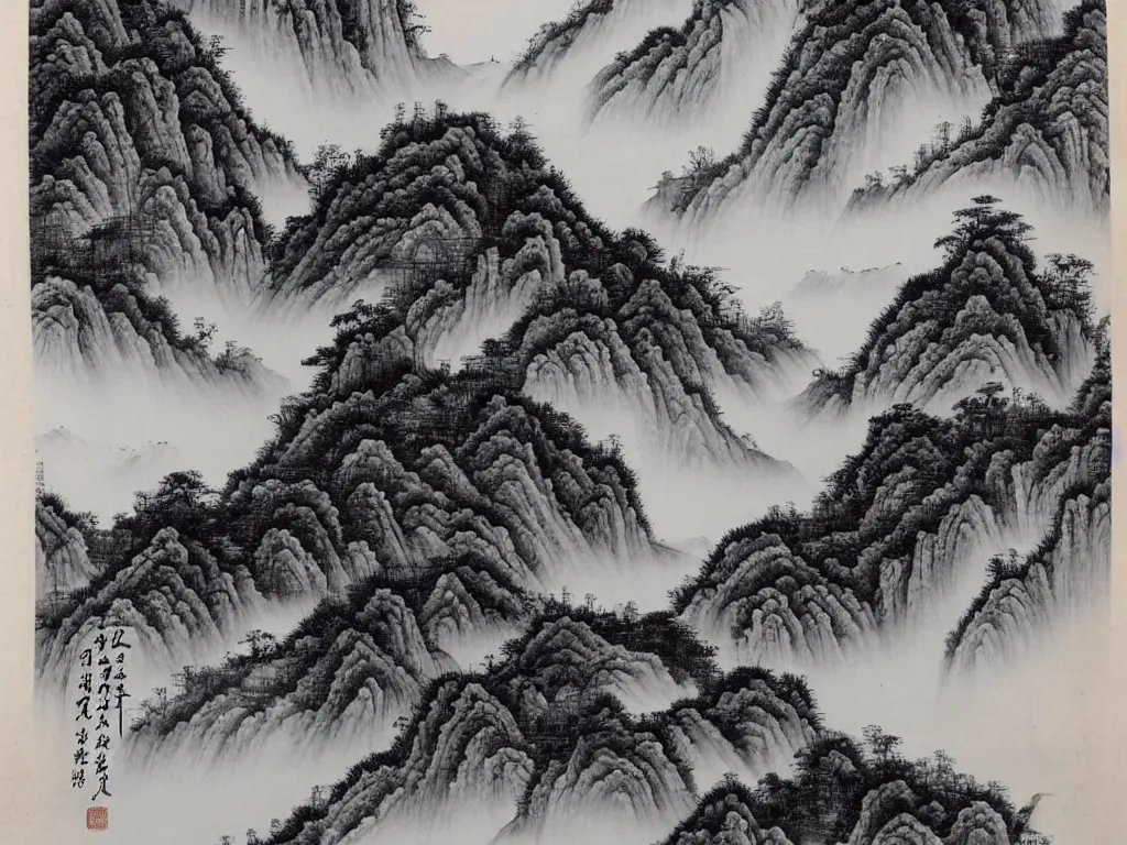 Image similar to Chinese painting, landscape, ink effect