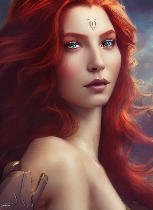Image similar to glamorous princess ariel portrait, seductive eyes and face, elegant, very detailed face, studio lighting, photorealism, wearing forerunner armor from halo portrait by magali villeneuve and steve argyle, livia prima, mucha, dress, fantasy art, beautiful, artstation, trending on artstation, intricate details, alluring, masterpiece